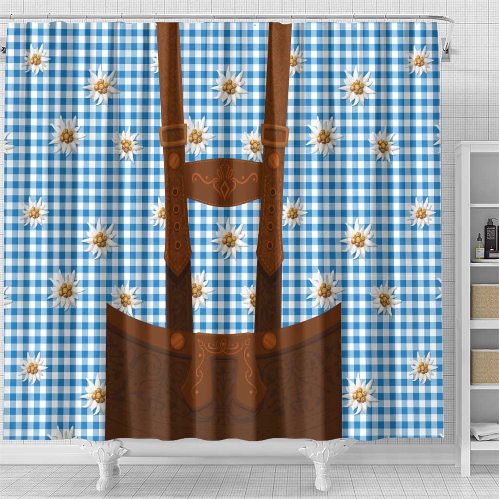 Traditional German Costume - Lederhosen Shower Curtain Blue Plaid Pattern with Edelweiss Flowers LT03