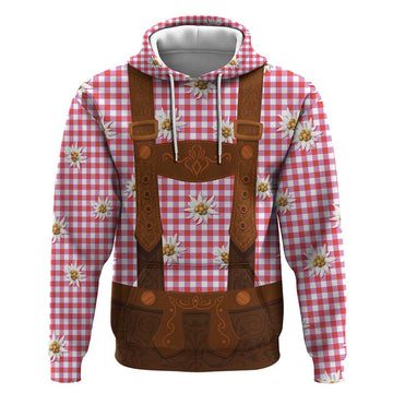 Traditional German Costume - Lederhosen Hoodie Red Plaid Pattern with Edelweiss Flowers LT03