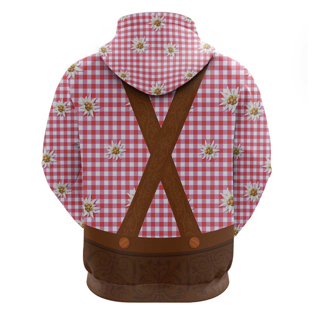Traditional German Costume - Lederhosen Hoodie Red Plaid Pattern with Edelweiss Flowers LT03