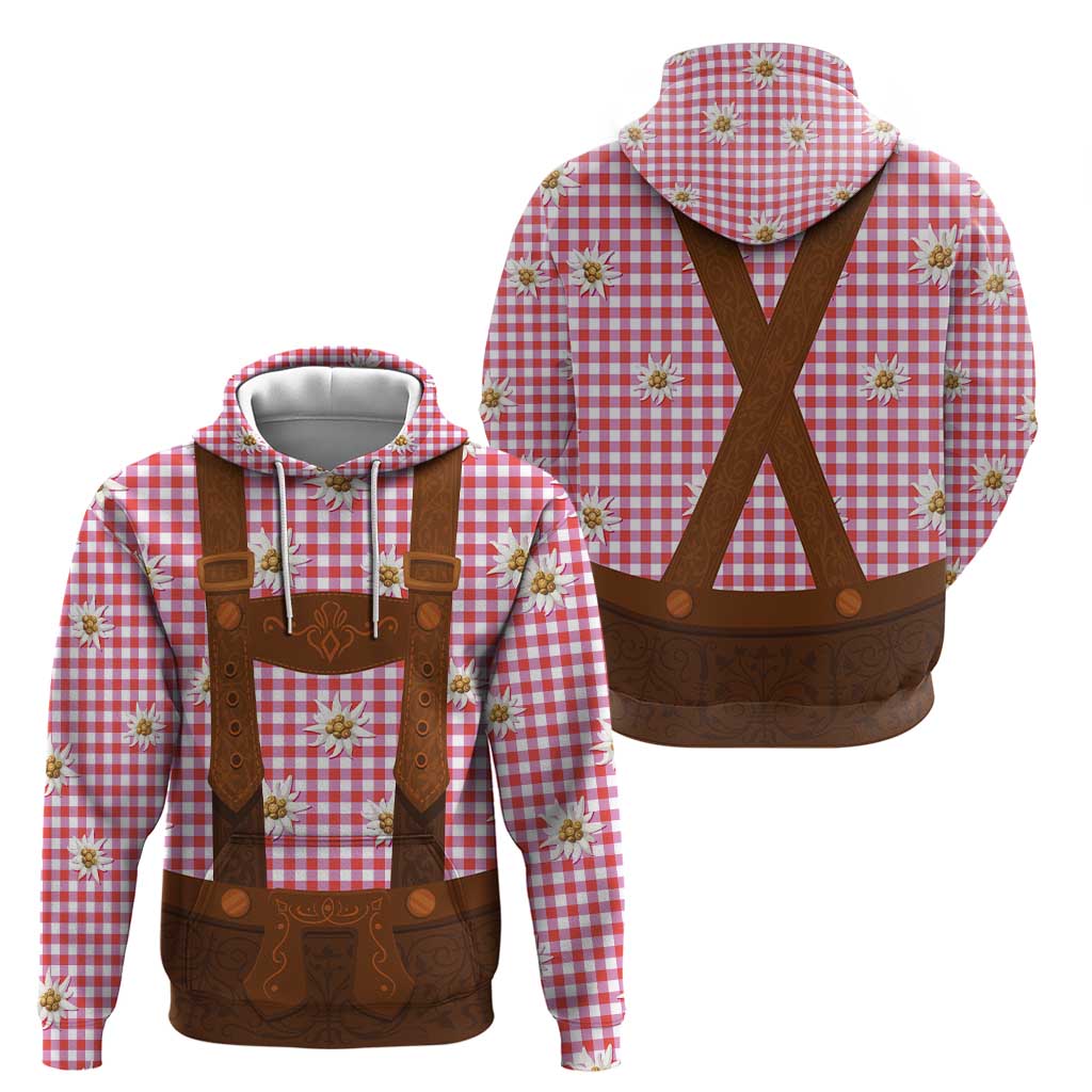 Traditional German Costume - Lederhosen Hoodie Red Plaid Pattern with Edelweiss Flowers LT03