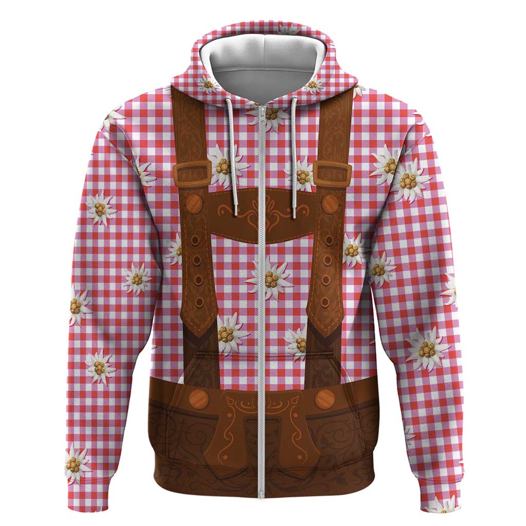 Traditional German Costume - Lederhosen Hoodie Red Plaid Pattern with Edelweiss Flowers LT03
