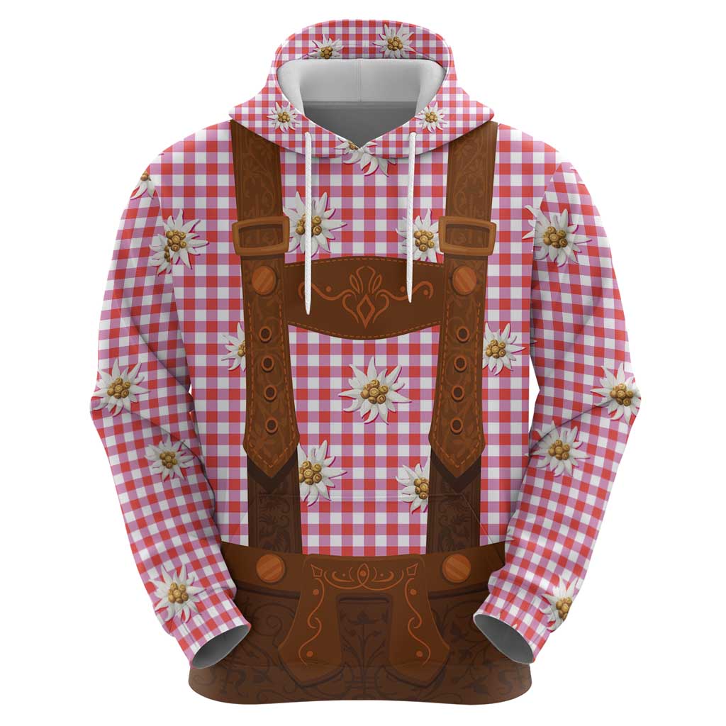 Traditional German Costume - Lederhosen Hoodie Red Plaid Pattern with Edelweiss Flowers LT03