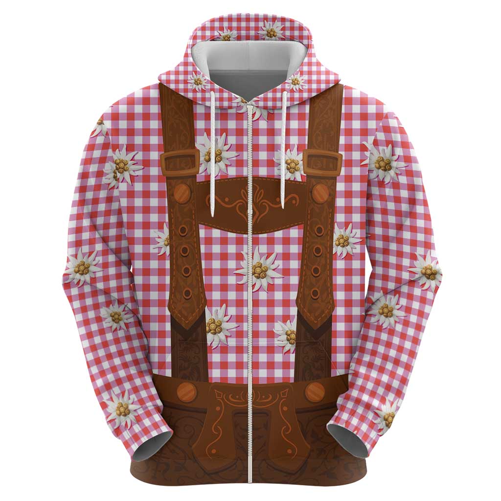 Traditional German Costume - Lederhosen Hoodie Red Plaid Pattern with Edelweiss Flowers LT03
