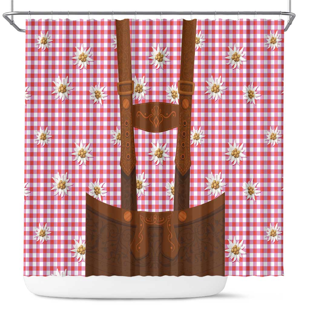 Traditional German Costume - Lederhosen Shower Curtain Red Plaid Pattern with Edelweiss Flowers LT03