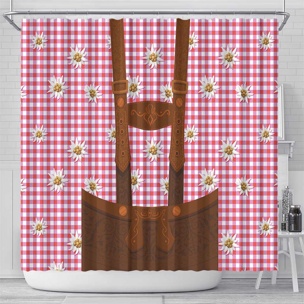 Traditional German Costume - Lederhosen Shower Curtain Red Plaid Pattern with Edelweiss Flowers LT03
