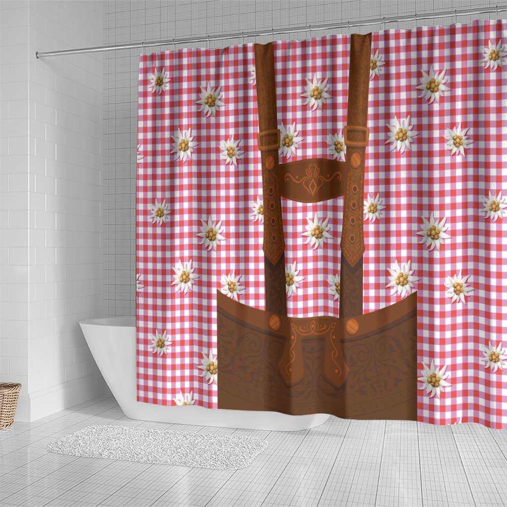 Traditional German Costume - Lederhosen Shower Curtain Red Plaid Pattern with Edelweiss Flowers LT03