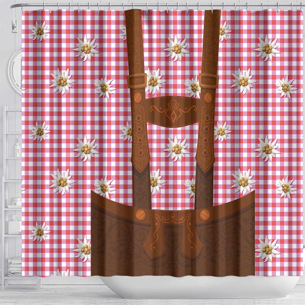 Traditional German Costume - Lederhosen Shower Curtain Red Plaid Pattern with Edelweiss Flowers LT03