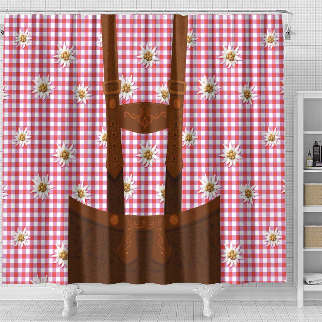 Traditional German Costume - Lederhosen Shower Curtain Red Plaid Pattern with Edelweiss Flowers LT03