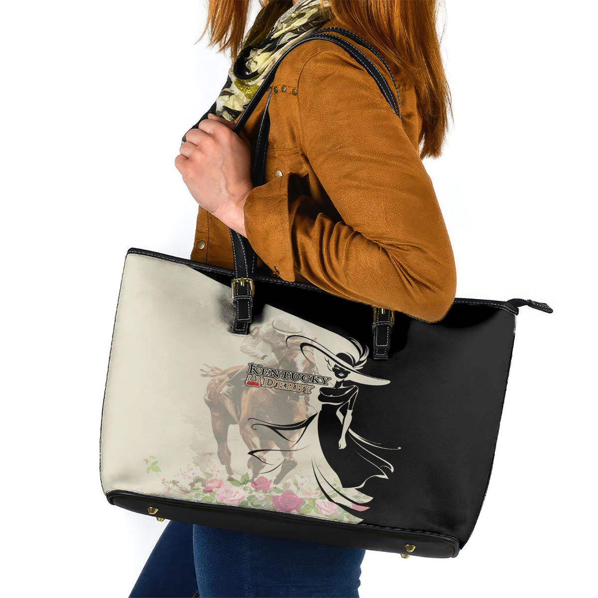 Kentucky Racing Horses Derby Hat Girl Leather Tote Bag Beige Color LT03