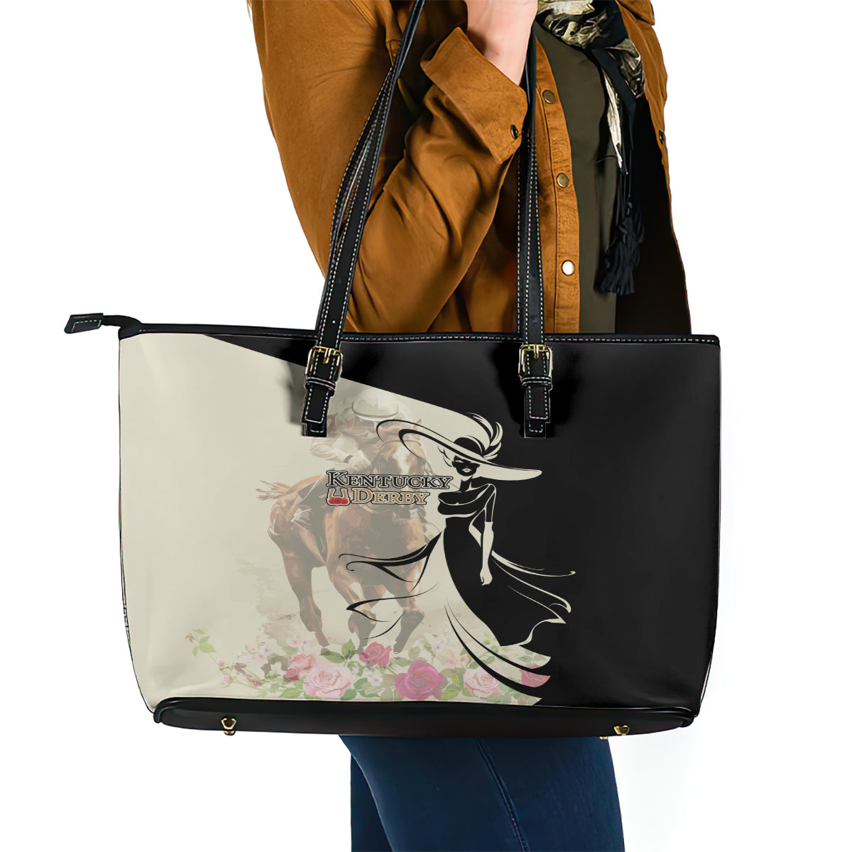 Kentucky Racing Horses Derby Hat Girl Leather Tote Bag Beige Color LT03