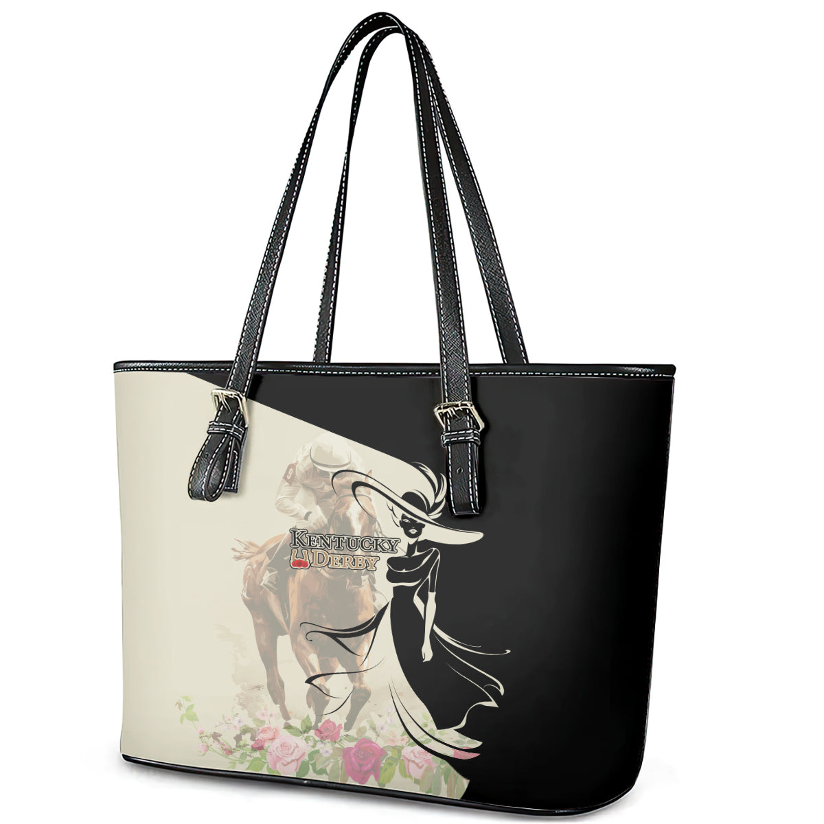 Kentucky Racing Horses Derby Hat Girl Leather Tote Bag Beige Color LT03