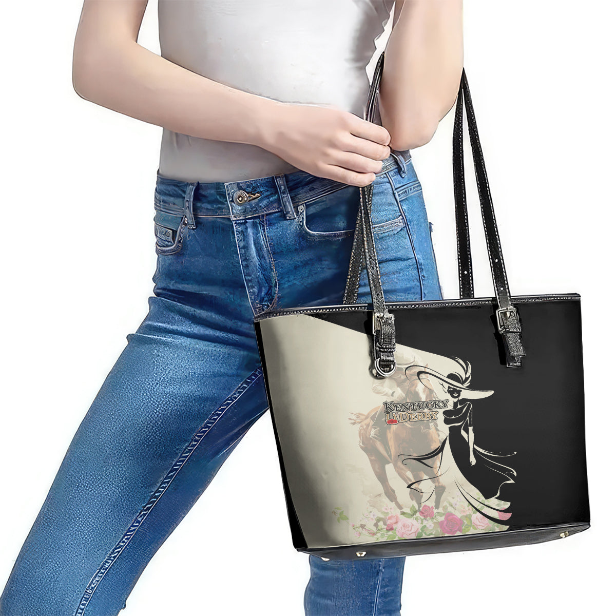 Kentucky Racing Horses Derby Hat Girl Leather Tote Bag Beige Color LT03