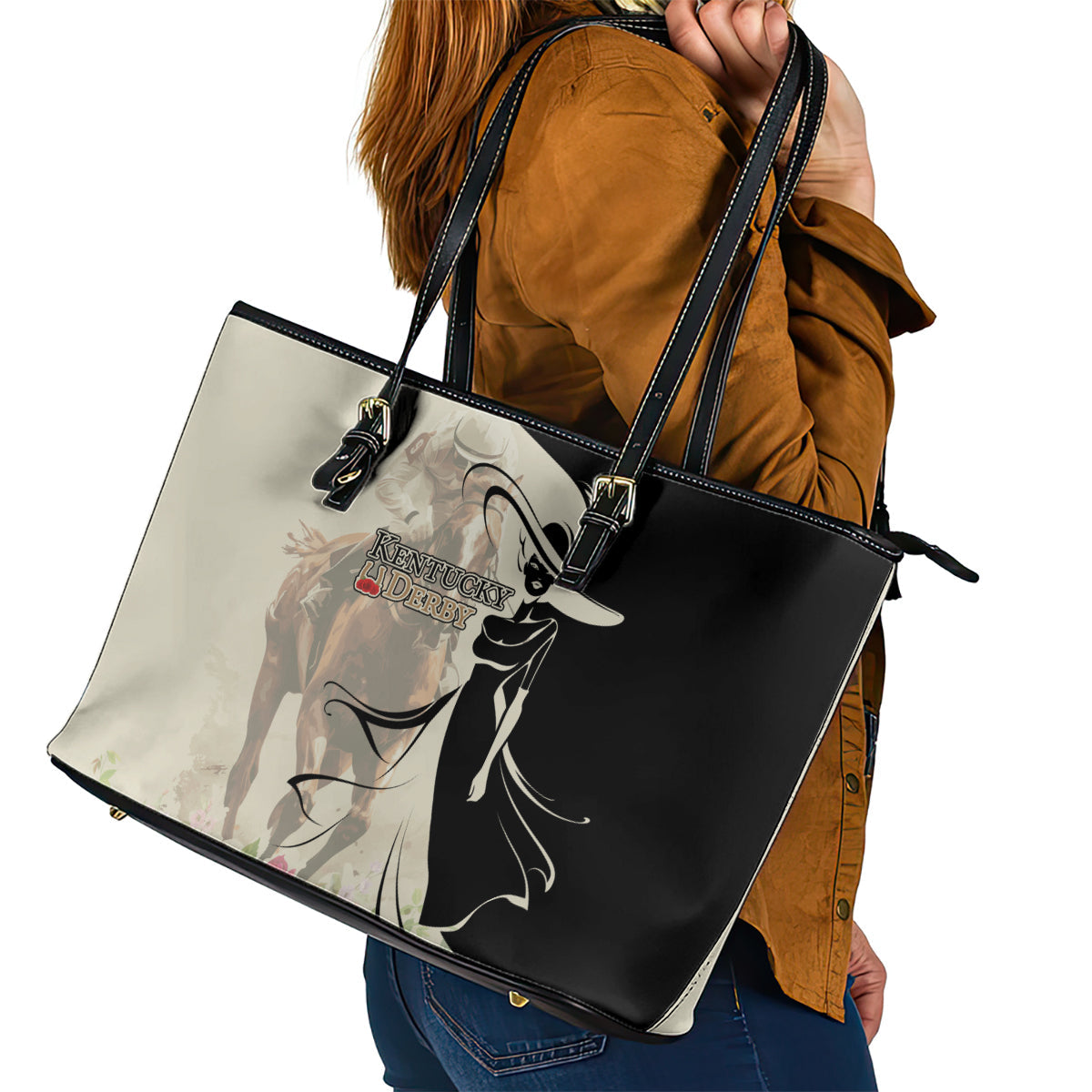 Kentucky Racing Horses Derby Hat Girl Leather Tote Bag Beige Color LT03