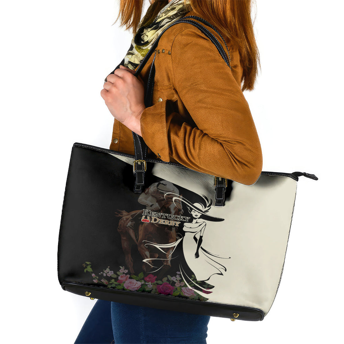 Kentucky Racing Horses Derby Hat Girl Leather Tote Bag Black Color LT03