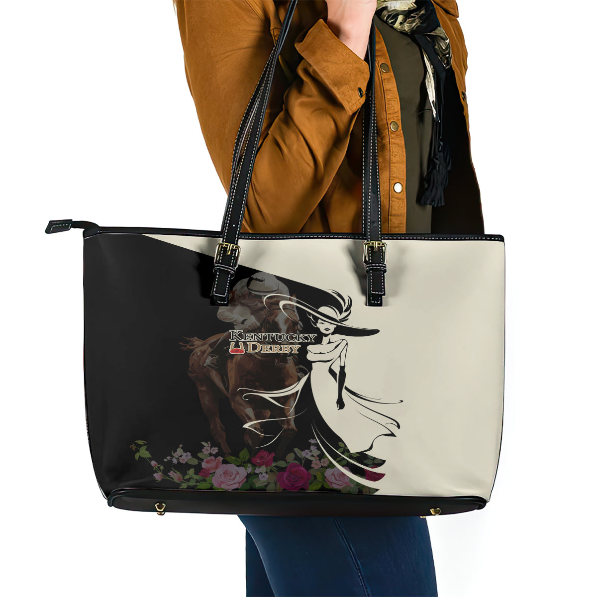 Kentucky Racing Horses Derby Hat Girl Leather Tote Bag Black Color LT03