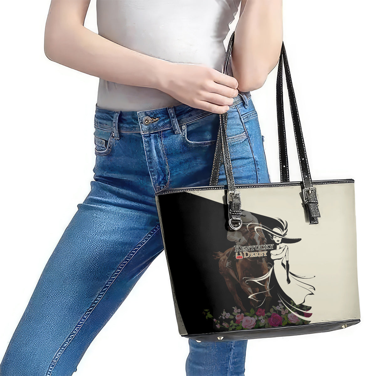 Kentucky Racing Horses Derby Hat Girl Leather Tote Bag Black Color LT03