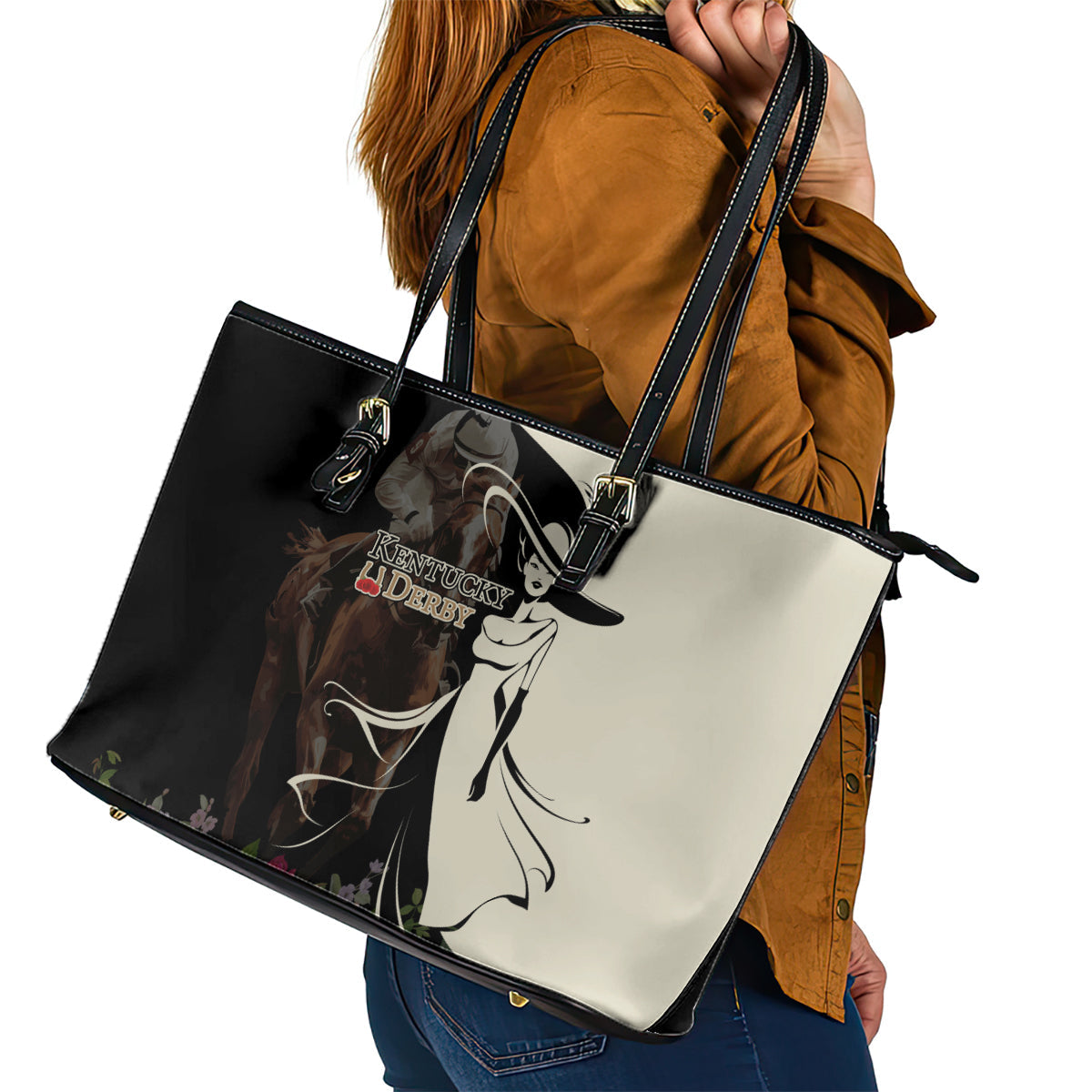 Kentucky Racing Horses Derby Hat Girl Leather Tote Bag Black Color LT03