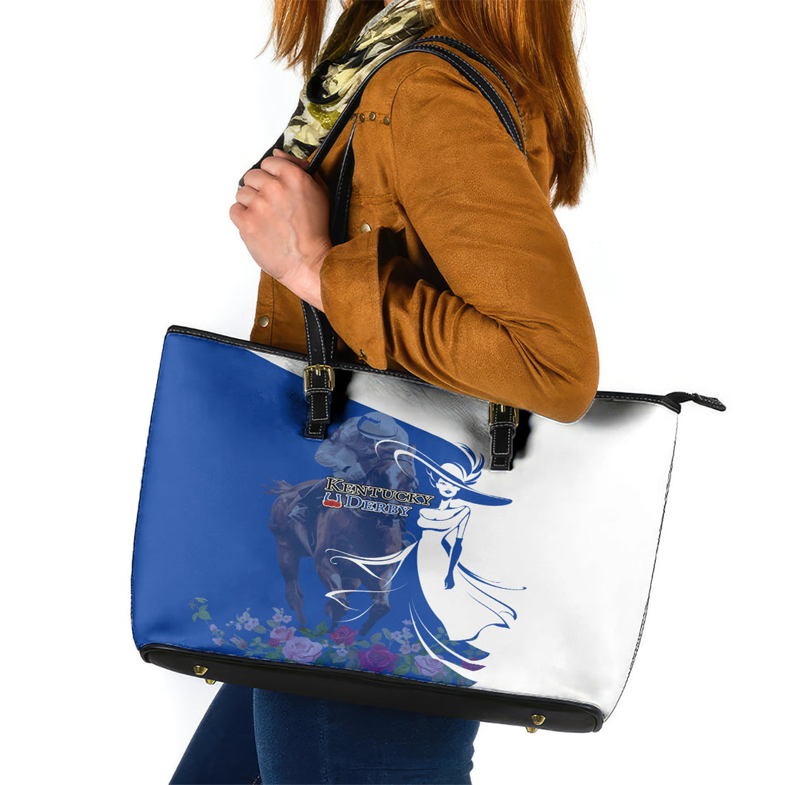 Kentucky Racing Horses Derby Hat Girl Leather Tote Bag Blue Color LT03