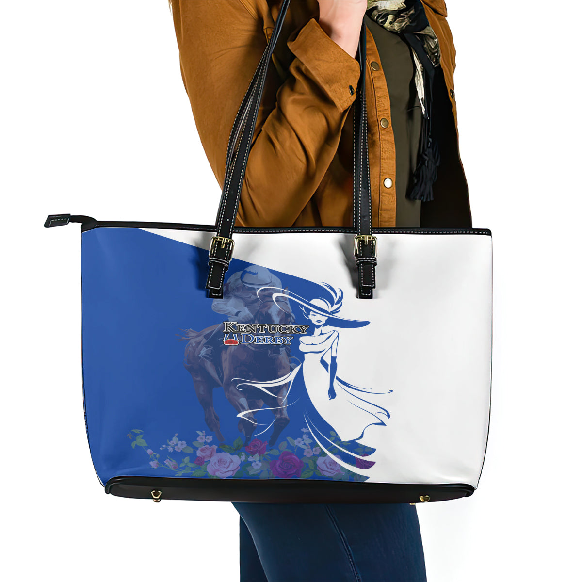 Kentucky Racing Horses Derby Hat Girl Leather Tote Bag Blue Color LT03