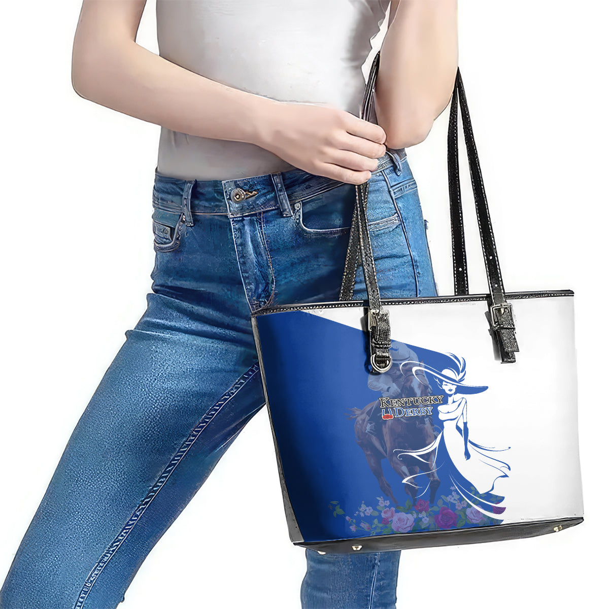 Kentucky Racing Horses Derby Hat Girl Leather Tote Bag Blue Color LT03