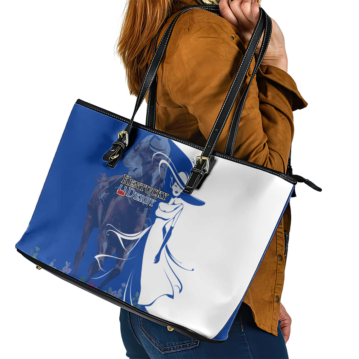 Kentucky Racing Horses Derby Hat Girl Leather Tote Bag Blue Color LT03
