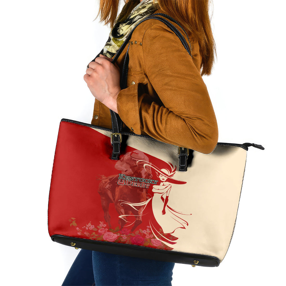 Kentucky Racing Horses Derby Hat Girl Leather Tote Bag Red Color LT03