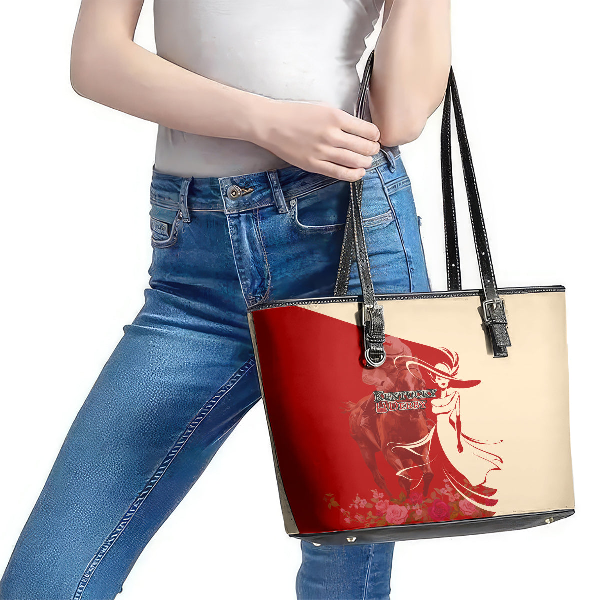 Kentucky Racing Horses Derby Hat Girl Leather Tote Bag Red Color LT03