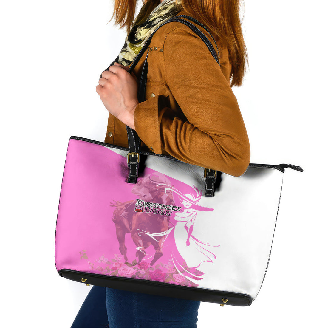 Kentucky Racing Horses Derby Hat Girl Leather Tote Bag Pink Color LT03