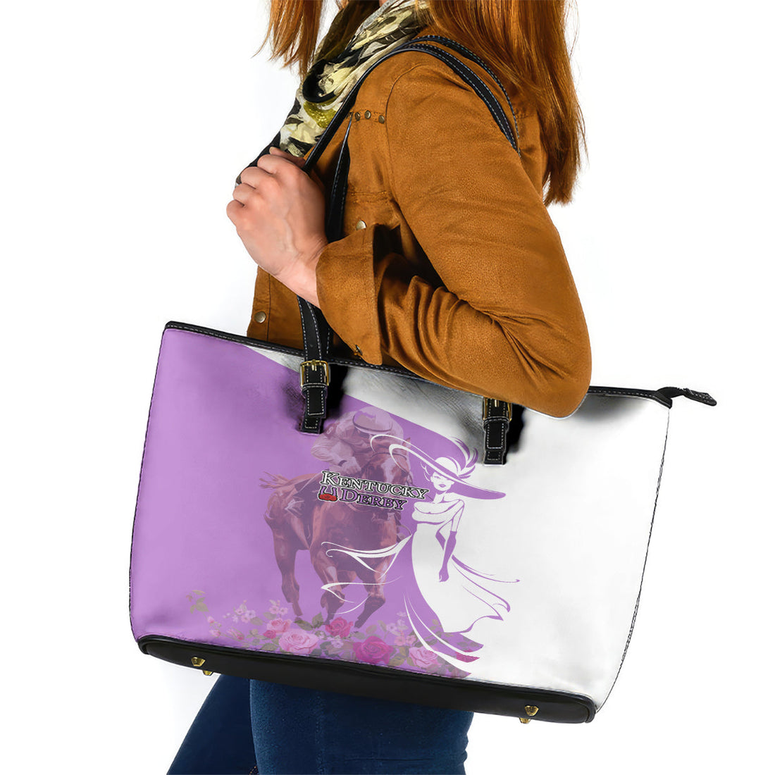 Kentucky Racing Horses Derby Hat Girl Leather Tote Bag Purple Color LT03