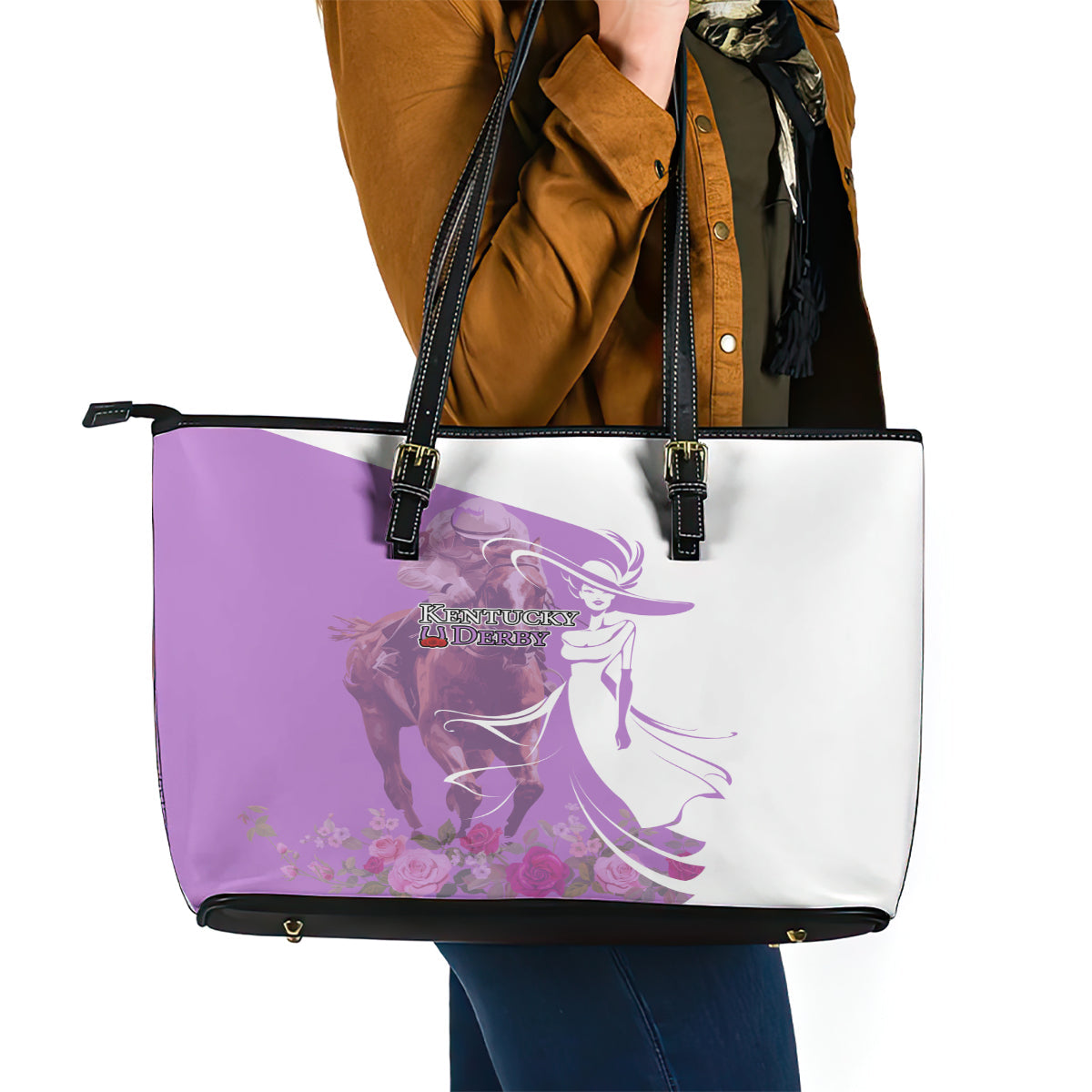 Kentucky Racing Horses Derby Hat Girl Leather Tote Bag Purple Color LT03