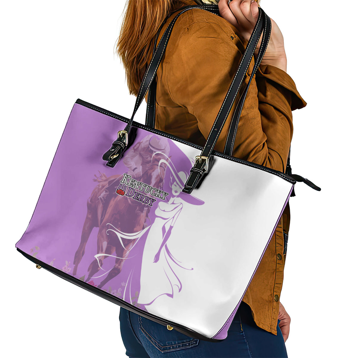 Kentucky Racing Horses Derby Hat Girl Leather Tote Bag Purple Color LT03
