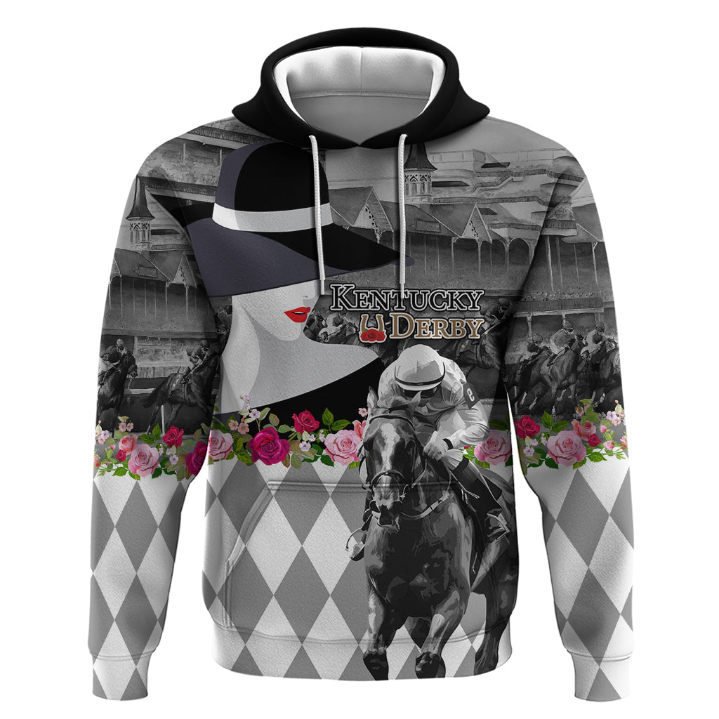 Kentucky Racing Horses Derby Hat Lady Hoodie Churchill Downs and Roses Grayscale LT03