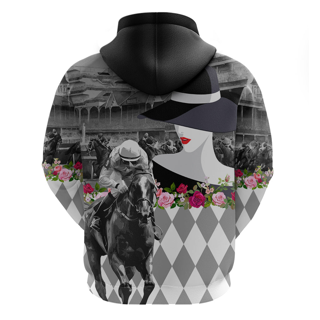 Kentucky Racing Horses Derby Hat Lady Hoodie Churchill Downs and Roses Grayscale LT03