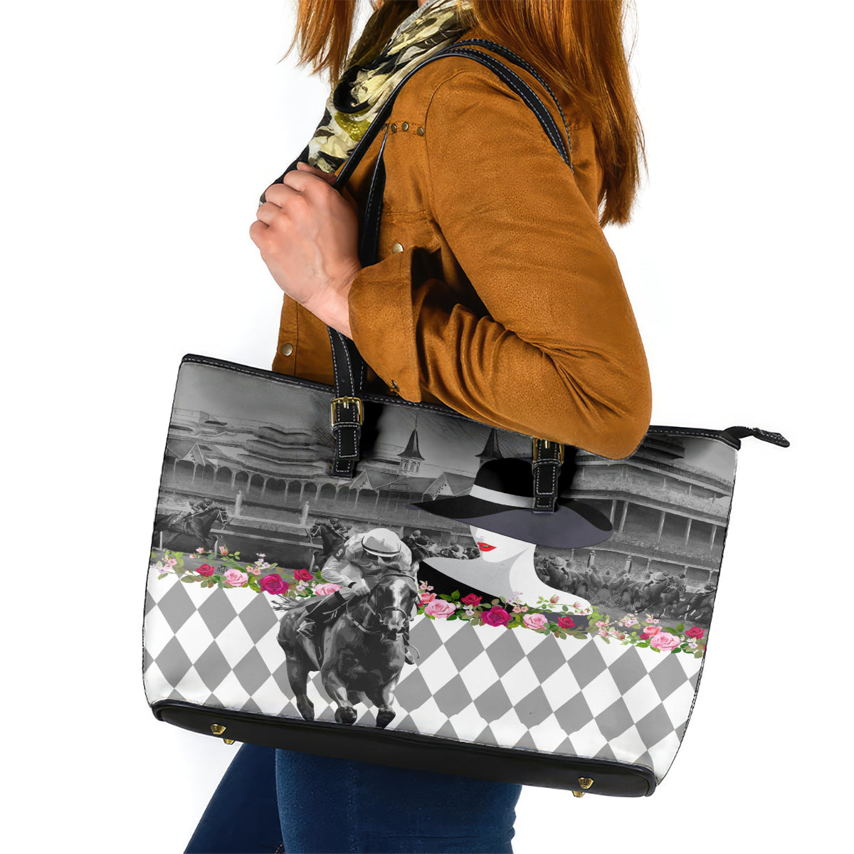 Kentucky Racing Horses Derby Hat Lady Leather Tote Bag Churchill Downs and Roses Grayscale LT03