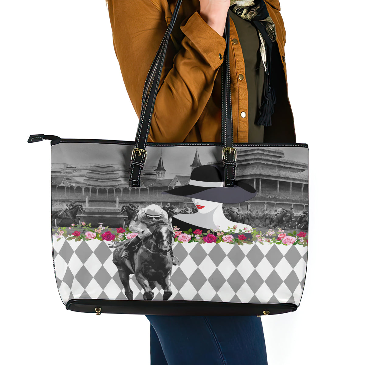 Kentucky Racing Horses Derby Hat Lady Leather Tote Bag Churchill Downs and Roses Grayscale LT03