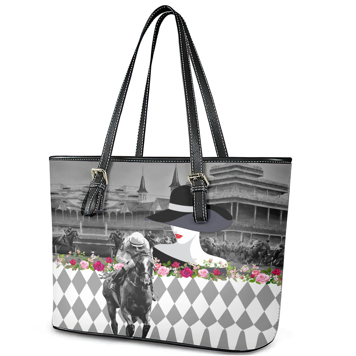 Kentucky Racing Horses Derby Hat Lady Leather Tote Bag Churchill Downs and Roses Grayscale LT03