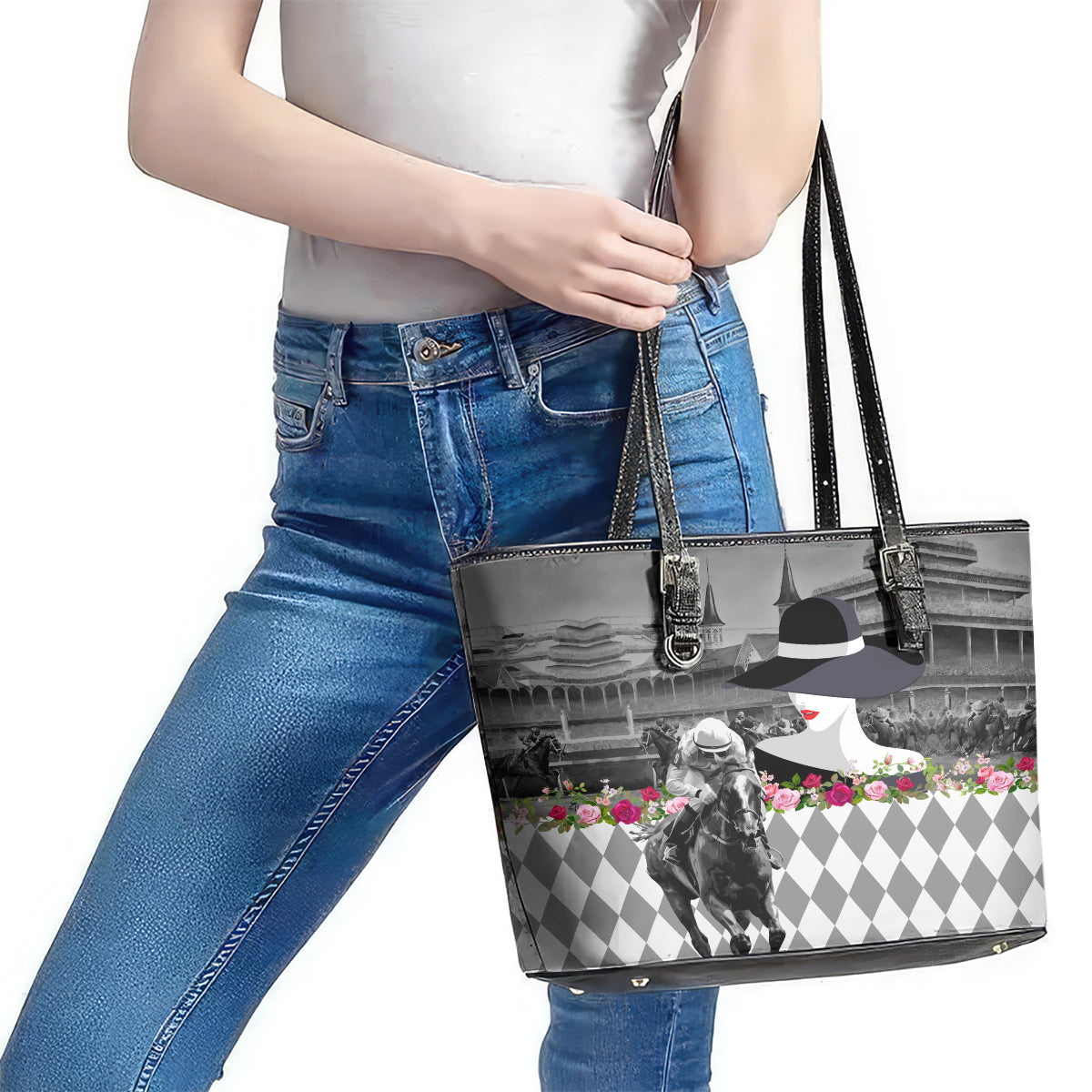 Kentucky Racing Horses Derby Hat Lady Leather Tote Bag Churchill Downs and Roses Grayscale LT03