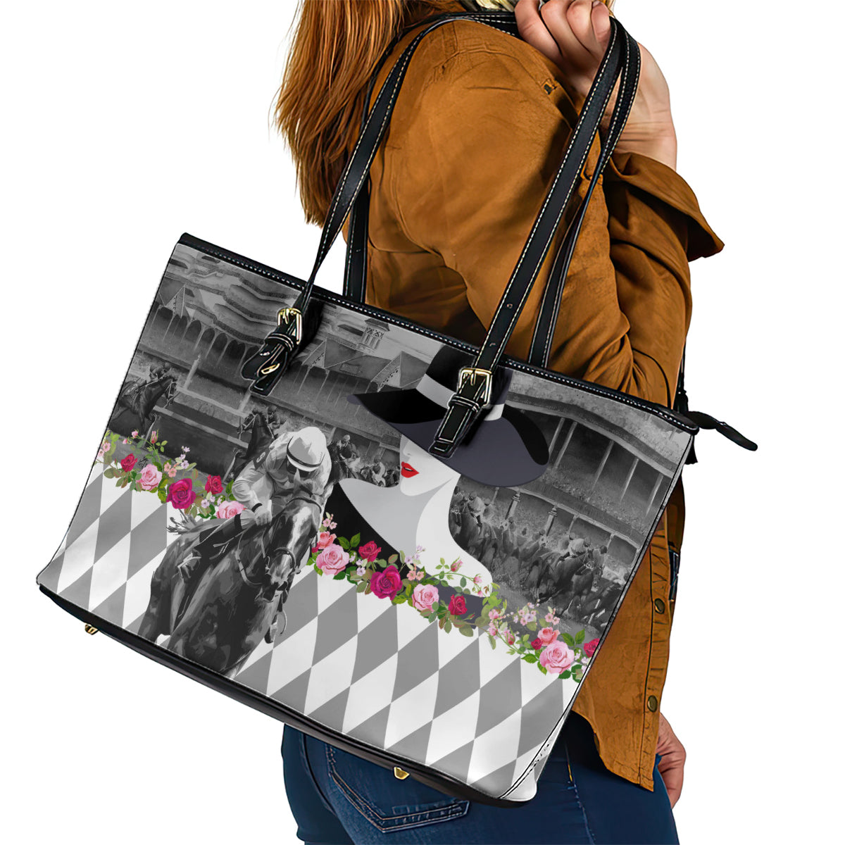 Kentucky Racing Horses Derby Hat Lady Leather Tote Bag Churchill Downs and Roses Grayscale LT03