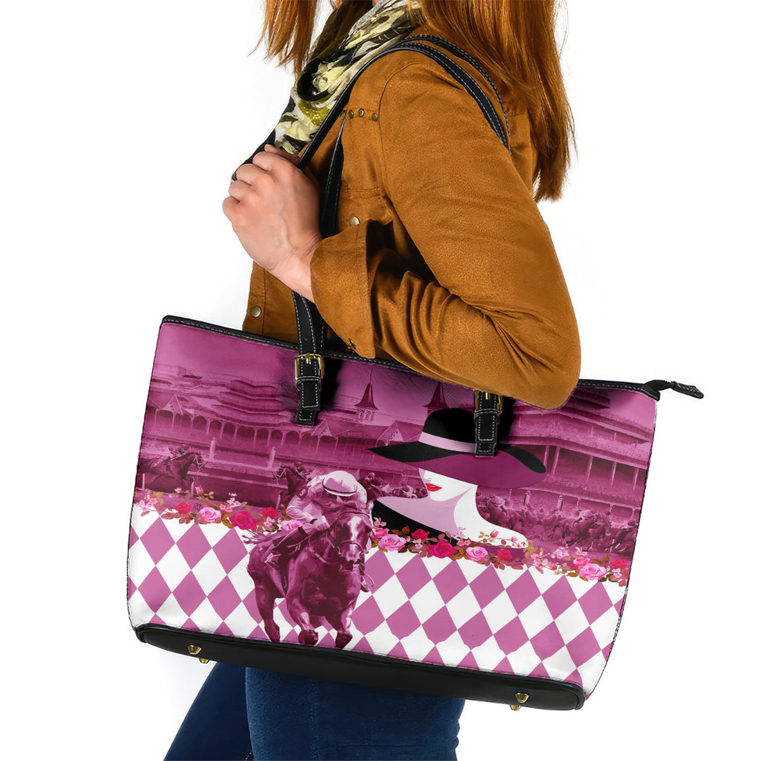 Kentucky Racing Horses Derby Hat Lady Leather Tote Bag Churchill Downs and Roses Pink Out LT03