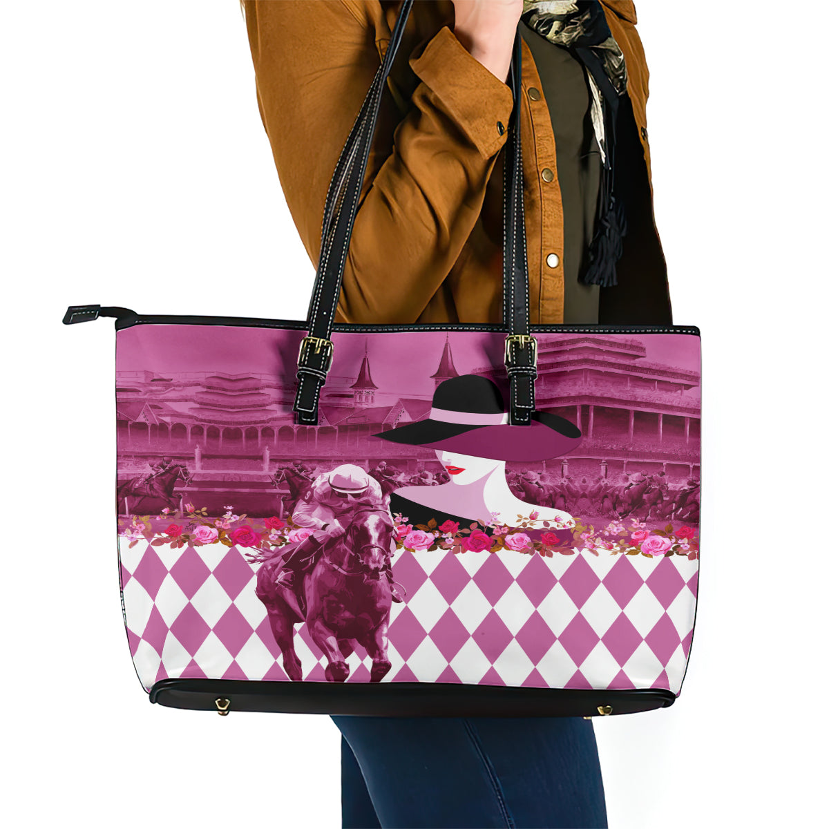 Kentucky Racing Horses Derby Hat Lady Leather Tote Bag Churchill Downs and Roses Pink Out LT03