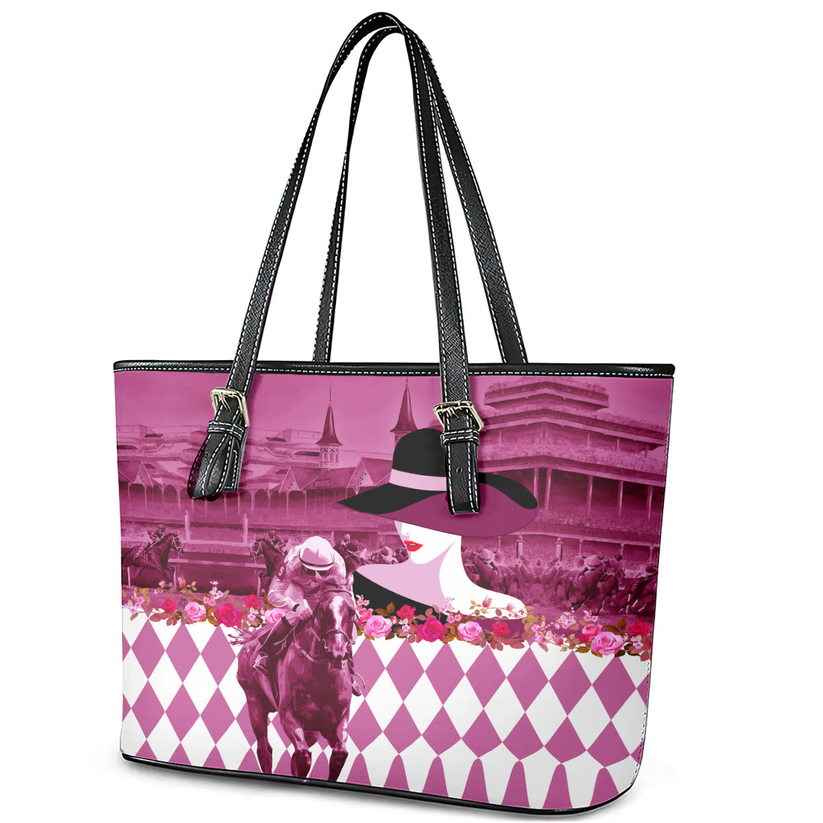 Kentucky Racing Horses Derby Hat Lady Leather Tote Bag Churchill Downs and Roses Pink Out LT03