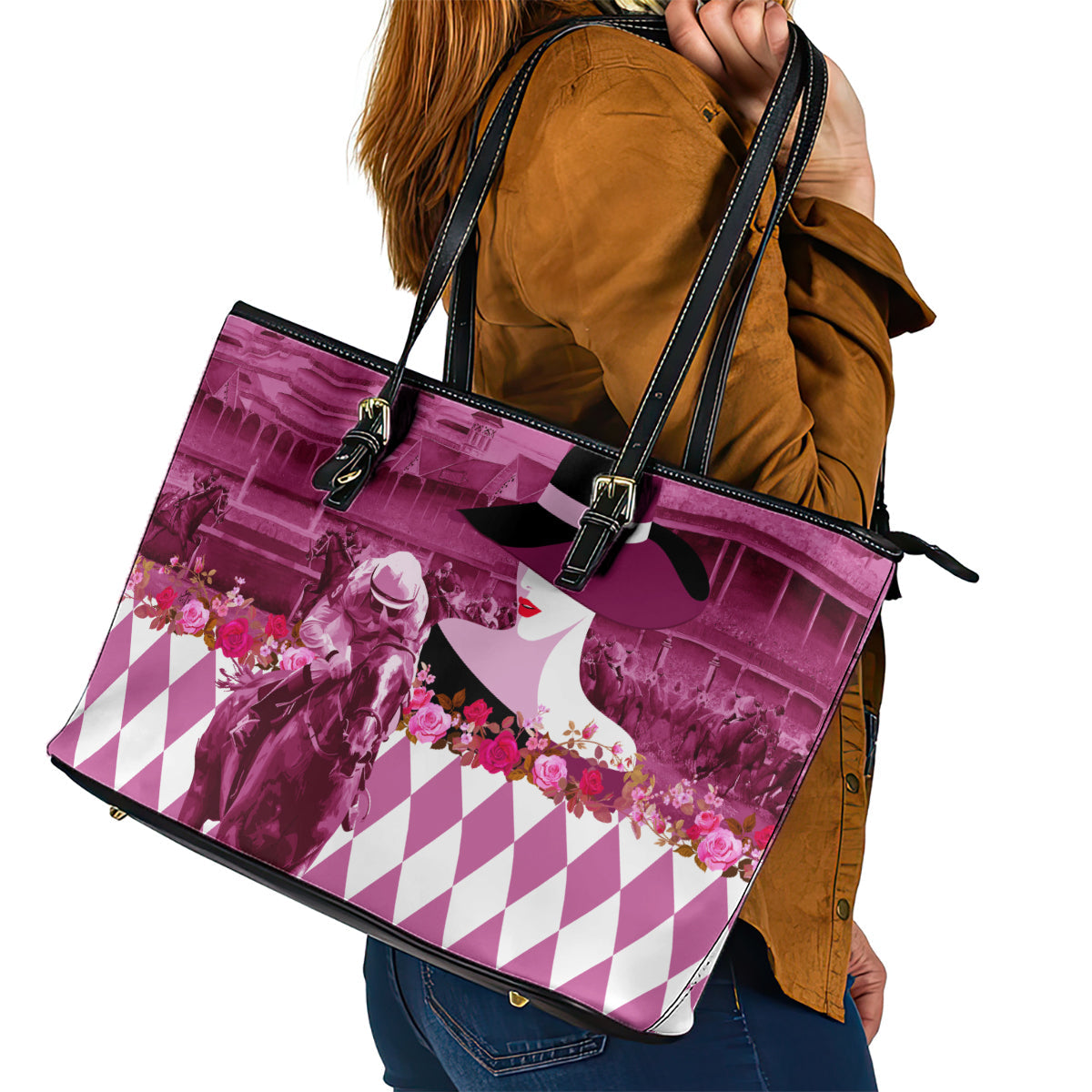 Kentucky Racing Horses Derby Hat Lady Leather Tote Bag Churchill Downs and Roses Pink Out LT03