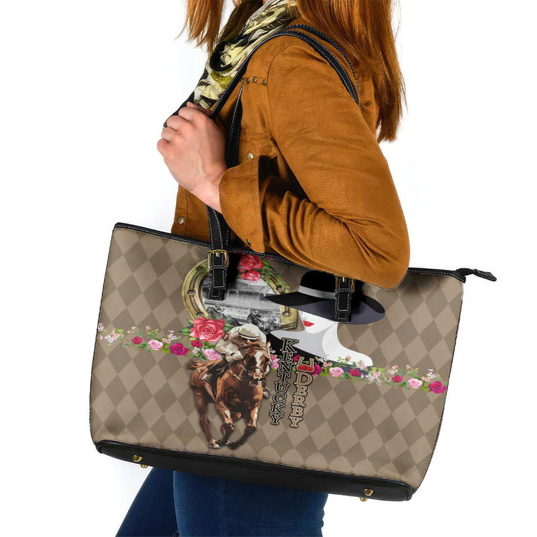Kentucky Racing Horses Derby Hat Woman Leather Tote Bag Churchill Downs and Shoehorse Roses LT03