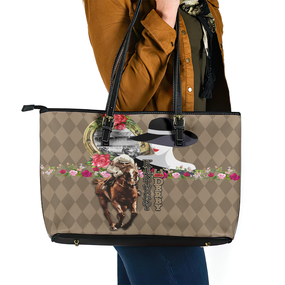 Kentucky Racing Horses Derby Hat Woman Leather Tote Bag Churchill Downs and Shoehorse Roses LT03