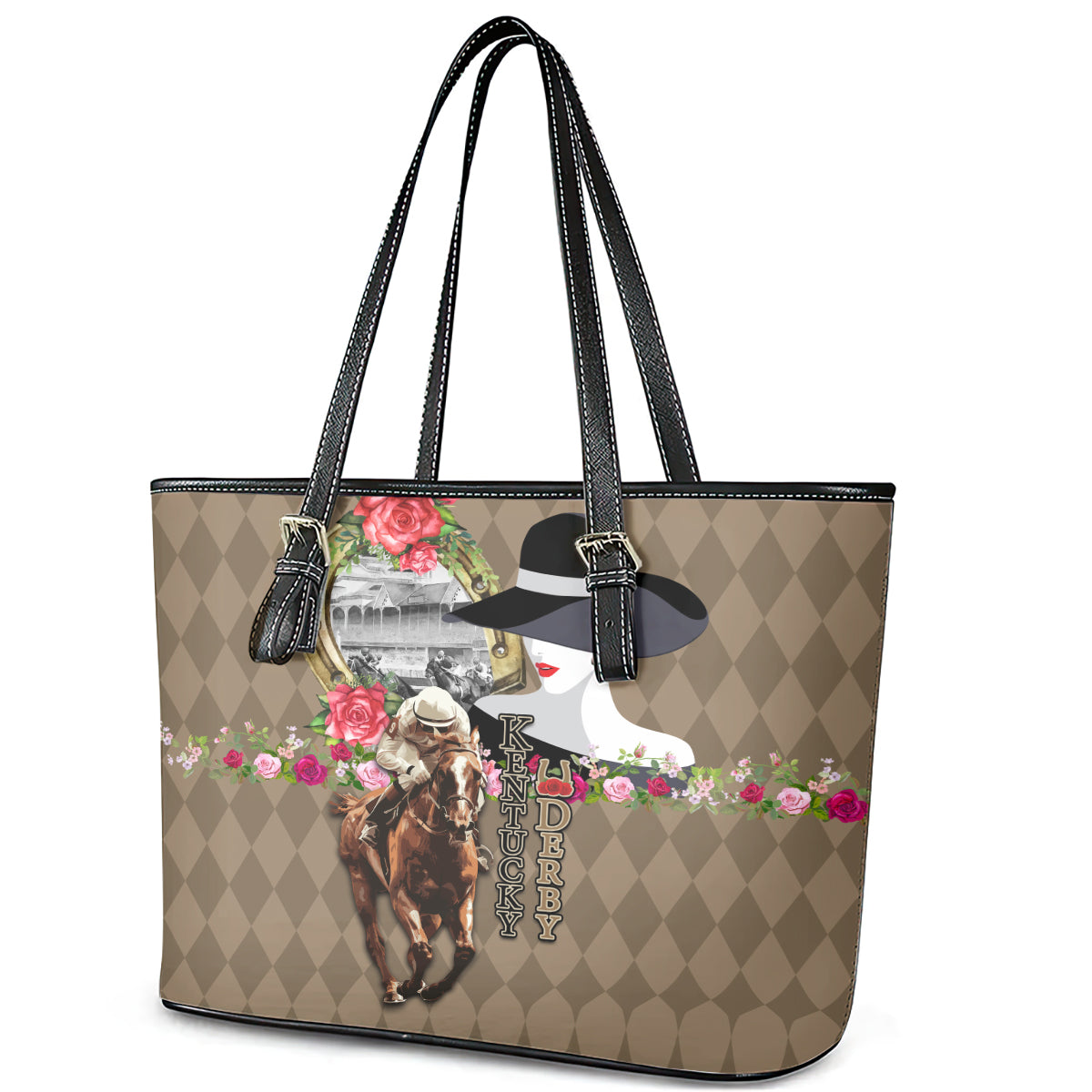 Kentucky Racing Horses Derby Hat Woman Leather Tote Bag Churchill Downs and Shoehorse Roses LT03