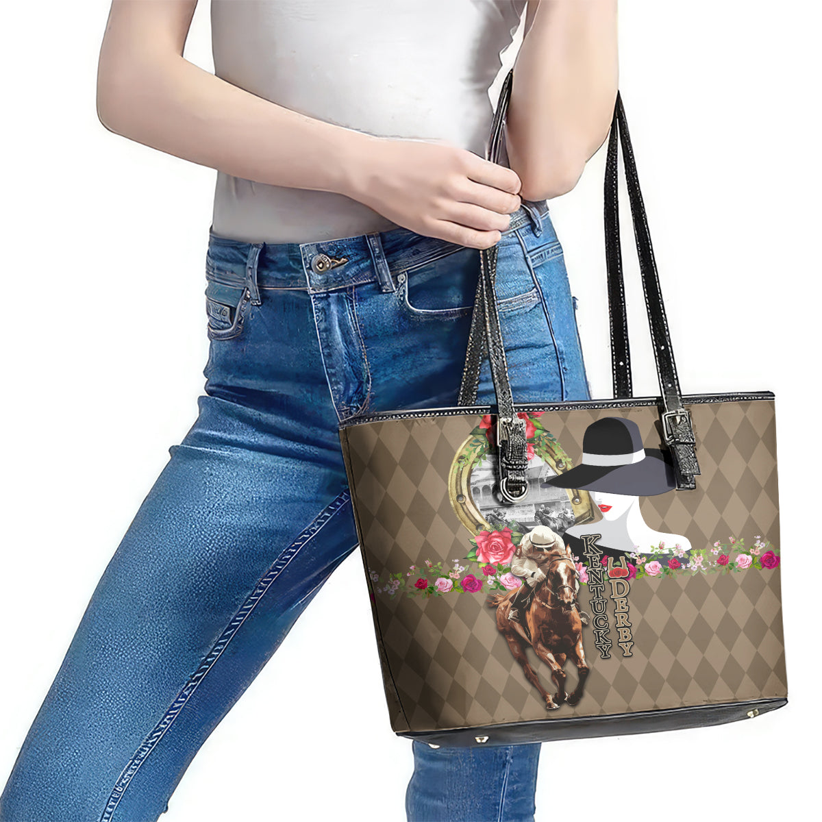 Kentucky Racing Horses Derby Hat Woman Leather Tote Bag Churchill Downs and Shoehorse Roses LT03