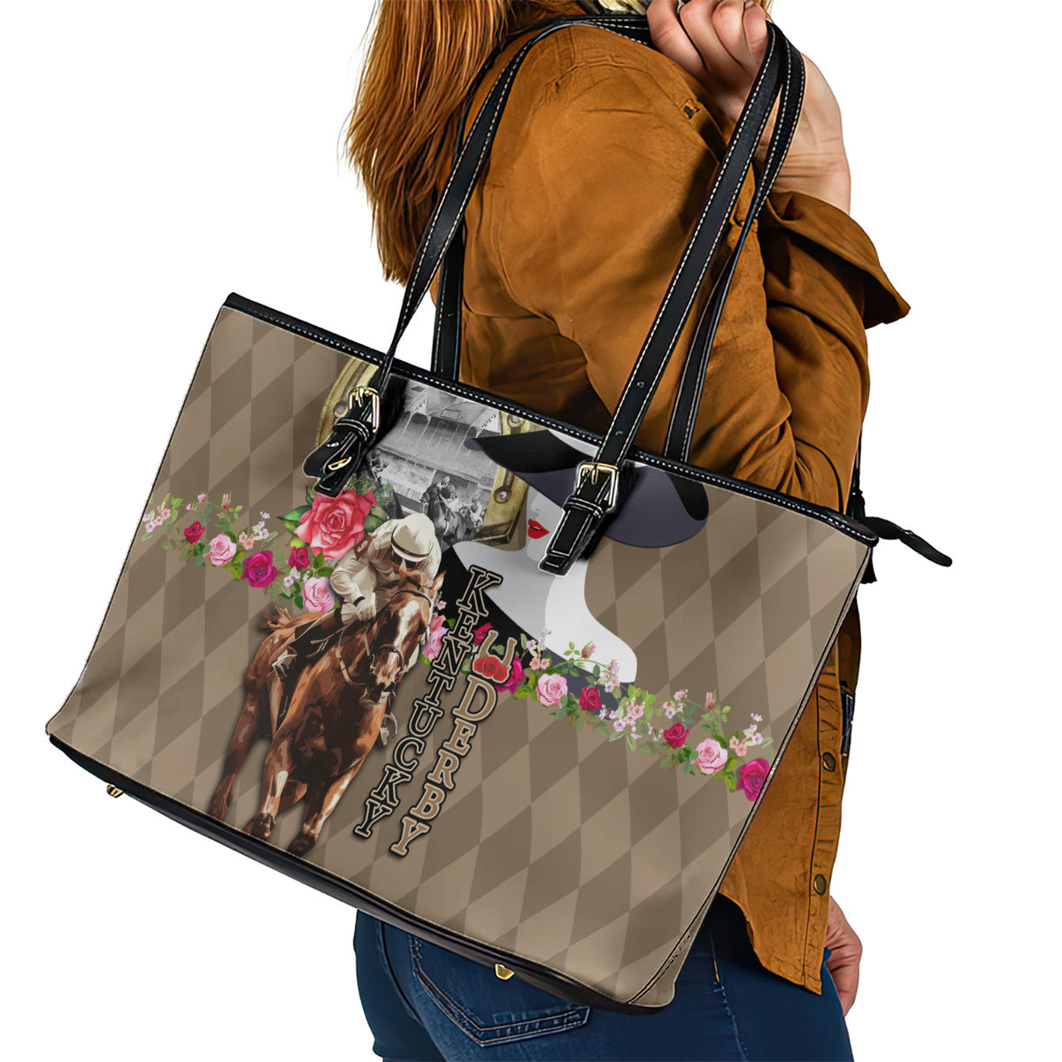 Kentucky Racing Horses Derby Hat Woman Leather Tote Bag Churchill Downs and Shoehorse Roses LT03