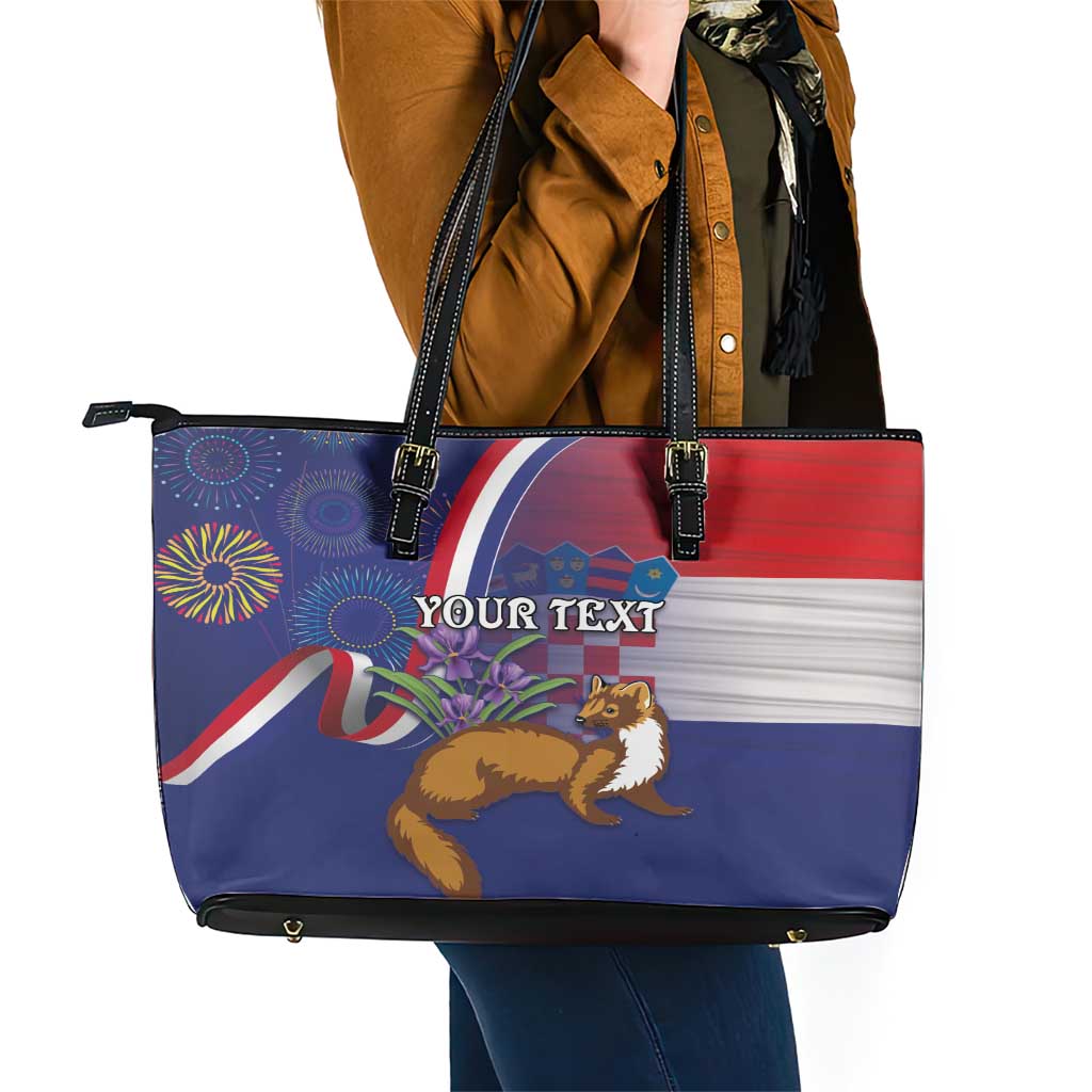 Personalised Croatia Independence Day Leather Tote Bag Sretan Dan nezavisnosti With Kuna Zlatica and Perunika LT03