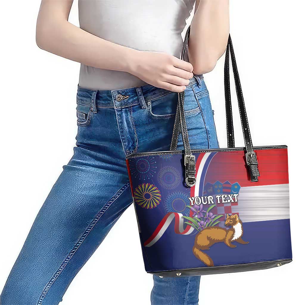 Personalised Croatia Independence Day Leather Tote Bag Sretan Dan nezavisnosti With Kuna Zlatica and Perunika LT03