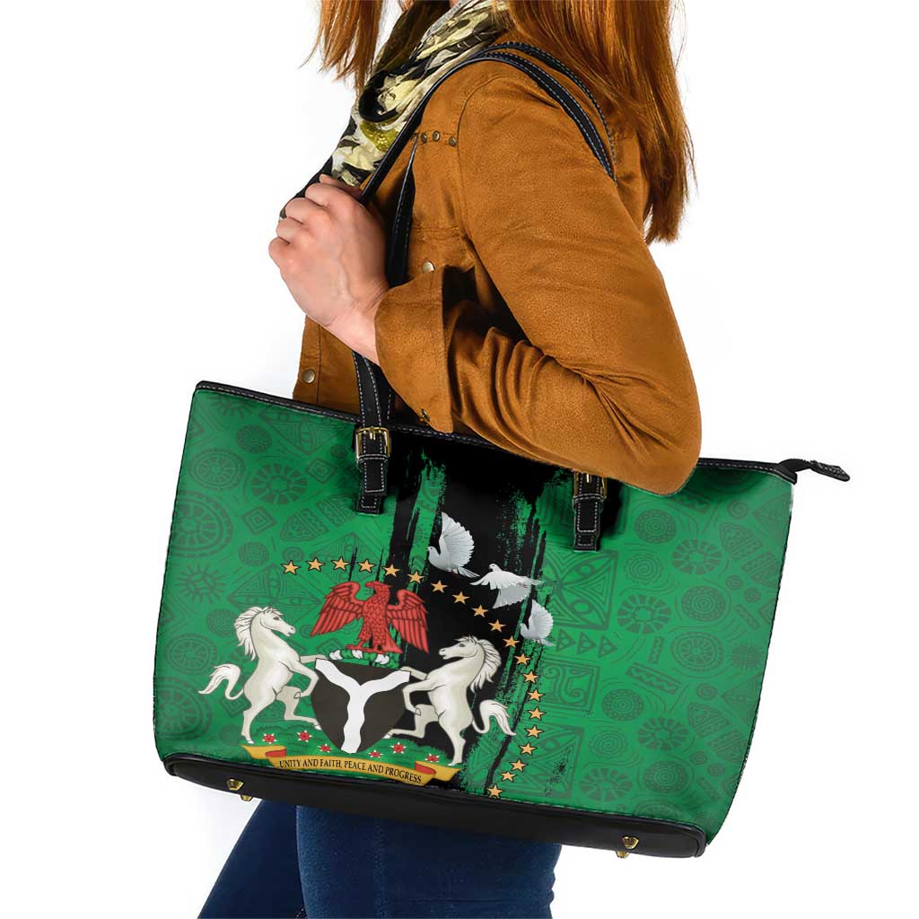 Nigeria Independence Day Leather Tote Bag National Seal with Peace Dove African Pattern LT03